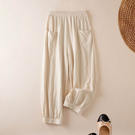 Women's Plus Size Cotton Linen Pants, Solid Color Elastic Cuff Harem Pants, Loose Fit Boho Wide Leg Trousers for Women, Comfortable Casual Lounge Pants Beige L