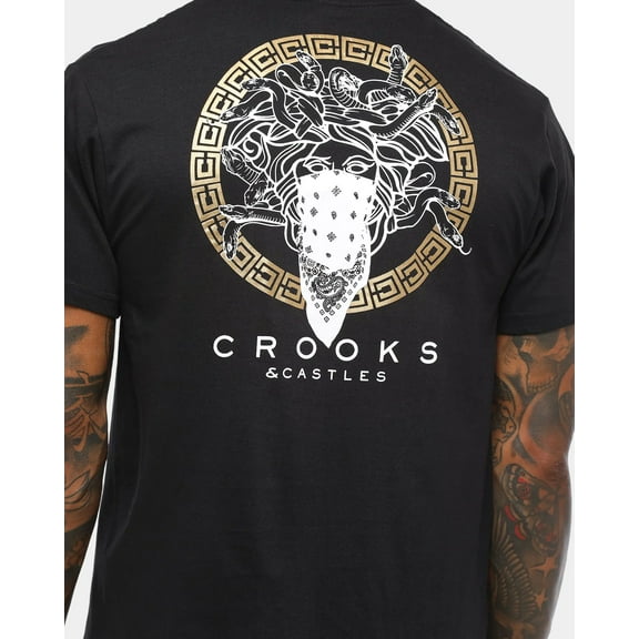 Crooks & Castles Men's Greco Bandusa Graphic Tee T-Shirt - Black/Gold (Small)