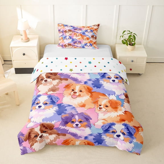 Homewish Watercolor Pet Dog Twin Duvet Cover,Kawaii Animal Twin Bedding,Pink Purple,Polkadot Reversible,2pcs,1 Duvet Cover and 1 Pillowcase
