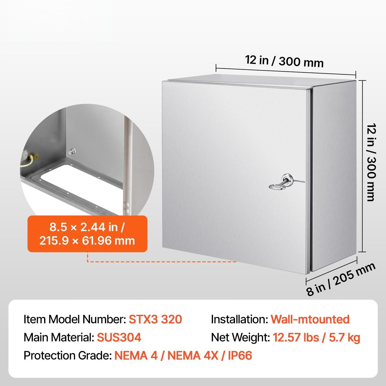 Stainless Steel Electrical Enclosure 12 x 12 x 8 Inch IP66, Outdoor Indoor Junction Box with Mounting Plate, 4X