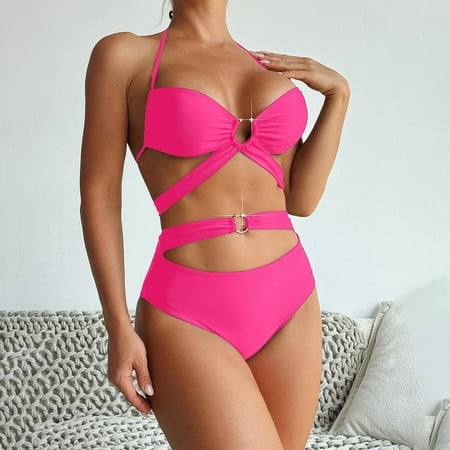 Summer Savings  Women s Swimwear  Slim Bikini Set  Solid Color  Striped Swimsuits  Two-piece  Beach Pool  Comfortable Fit  Quick Dry  Fashionable Design  Womens Swimsuits One Piece | Hot Pink L