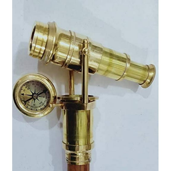 Collectible Brass Finish Compass Spyglass Walking Stick Cane Three Fold