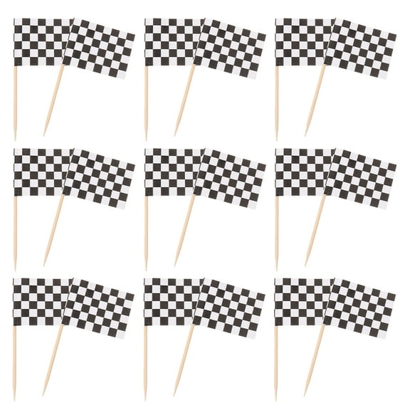 HONMEET 120Pcs Racing Checkered Flag Cake Picks Wooden Toothpicks for Party Decorations