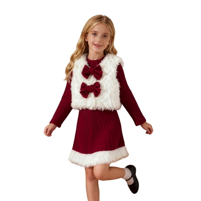 HXWCHs Robe Grande Fille Élégante Robe de Fête Festive pour Filles avec Gilet et Détail Nœud Longue Robe pour Célébrations des Fêtes Rouge 9-10 Ans