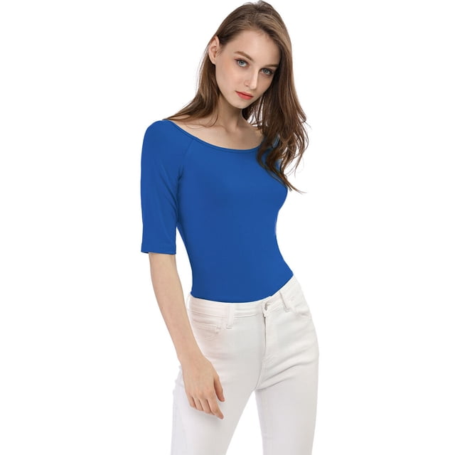 Camiseta Suave de media manga Allegra K con cuello redondo Entallado para Mujer Azul real L
