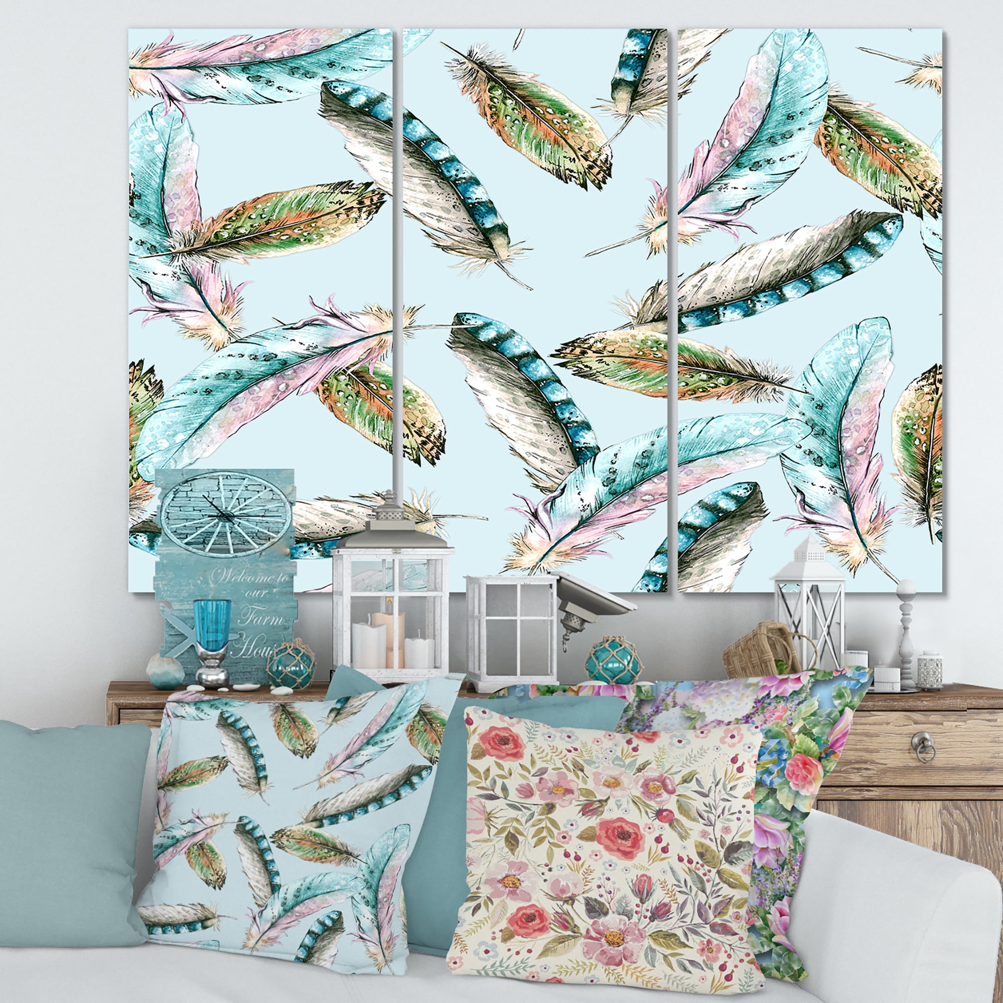 Designart ' Green Bird Feathers On Blue Background ' Bohemian & Eclectic Canvas Wall Art Print