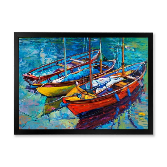 Designart 'Three Colorful Boats In The Harbor' Nautical & Coastal Framed Art Print