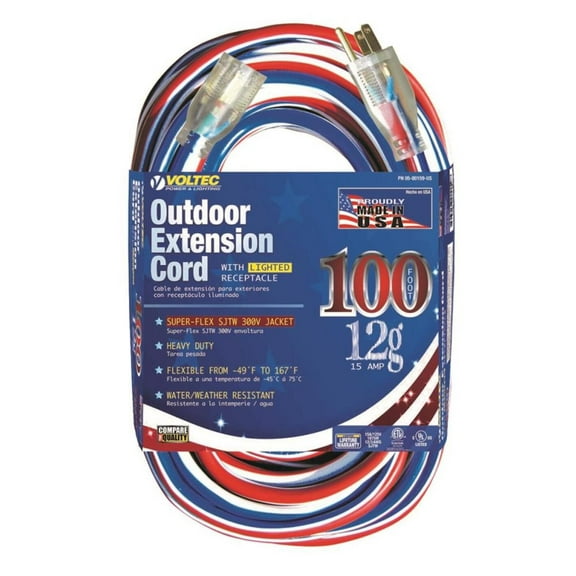 Voltec 100 Ft. 12/3 Sjtw Red/white/blue Extension Cord With Lighted Ends