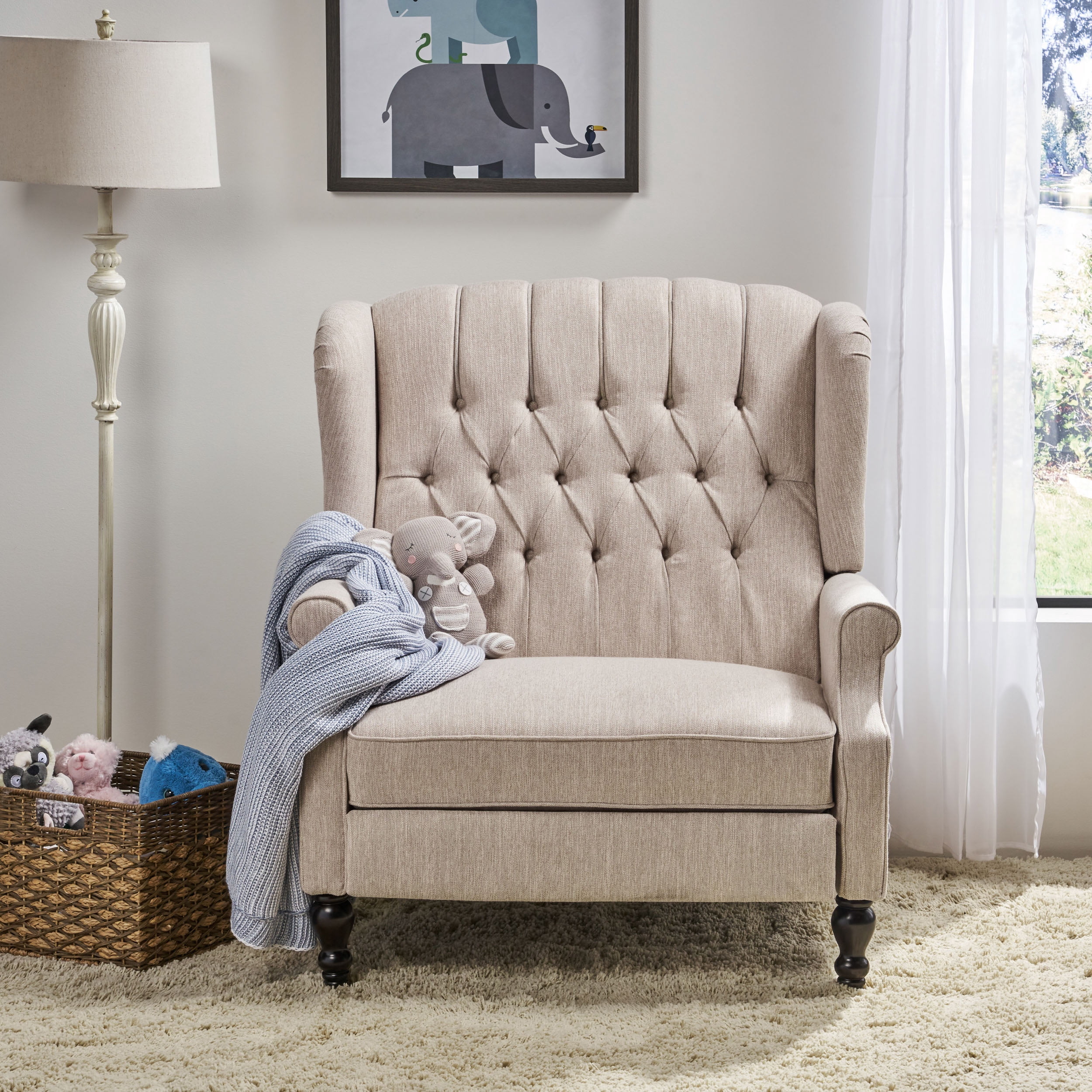 GDF Studio Dunham Contemporary Fabric Tufted Oversized Pushback Recliner, Beige and Dark Brown