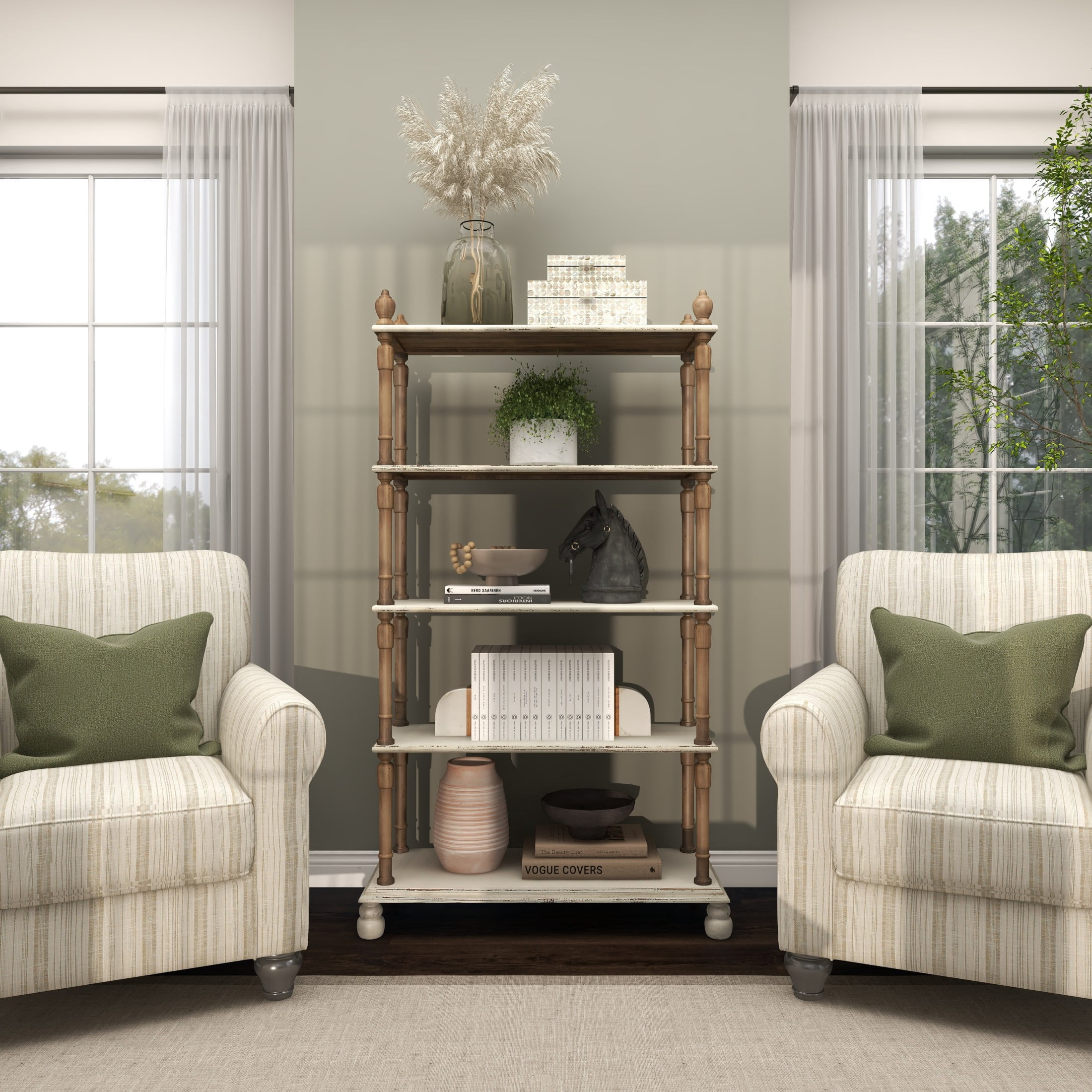DecMode 37" x 75" White Wood Distressed Turned 5-Tier Shelving Unit with Brown Spindle Sides and Ball Feet, 1-Piece