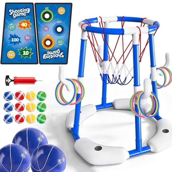 JoyStone 4-in-1 Pool Basketball Hoop Set, Floating Pool Toys with 4 Balls, Ring Toss Game and Sticky Balls, Outdoor Summer Basketball Game at Swimming Poolside for Kids, Blue