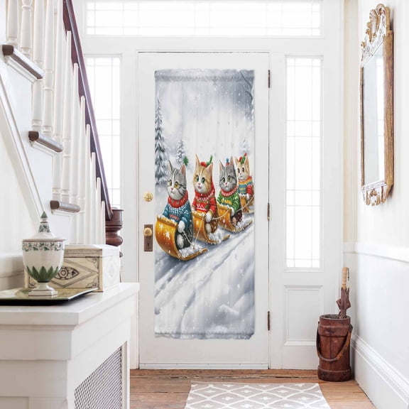 Christmas Door Curtains for Door Window, French Sidelight Front Back Door Curtains With Tieback, Funny Cats Sleds Skiing Winter Forest Tree Kitchen Rod Pocket Drapes Panel, 25"x72"