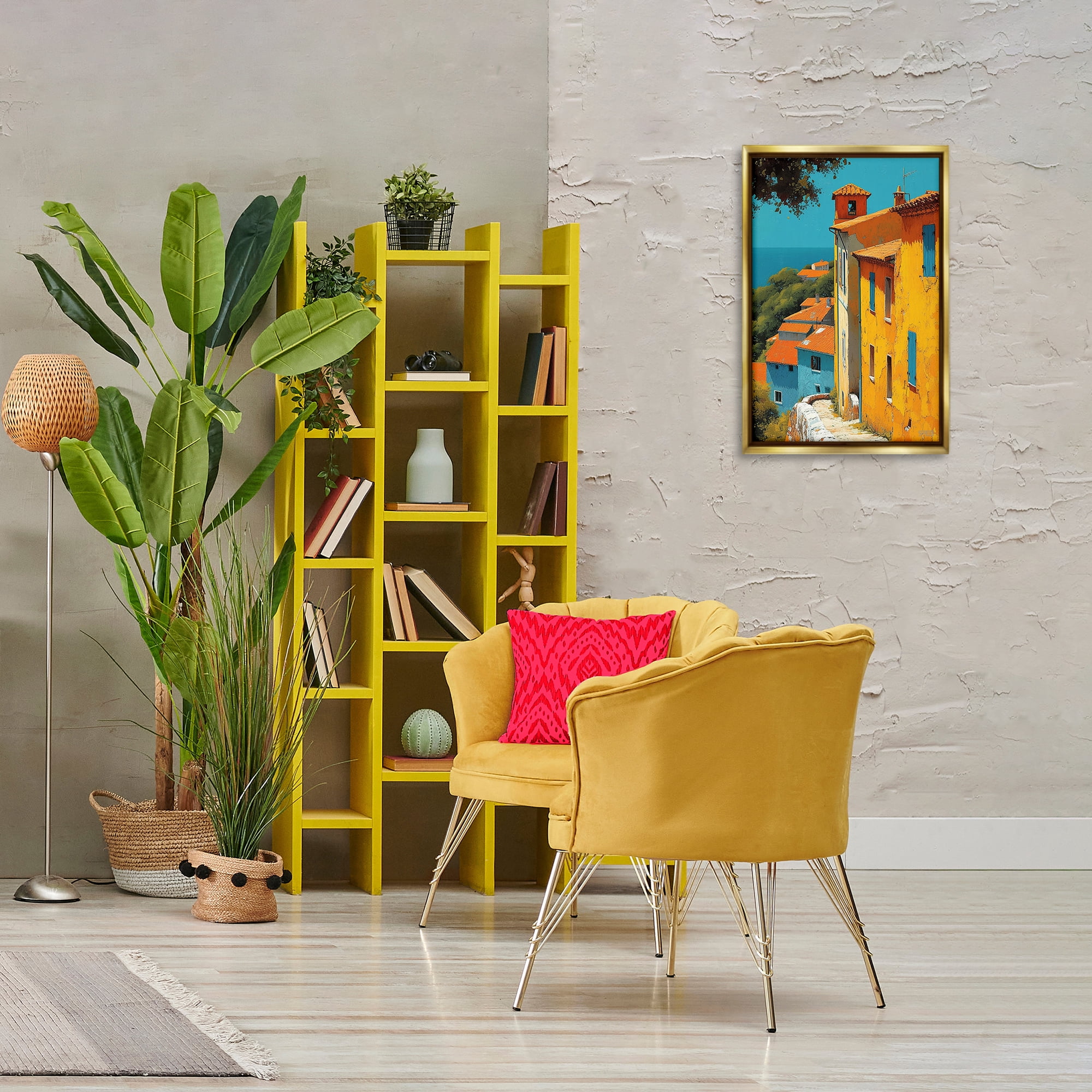 Stupell Industries Tall Buildings by Sea Buildings & Architecture Painting Gold Floater Framed Canvas Art Print Wall Art, 17 x 25
