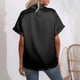 thumbnail image 3 of Blusa de seda satinada para mujer, camisa informal con botones de un solo pecho, manga corta, cuello vuelto, color negro M, 3 of 5