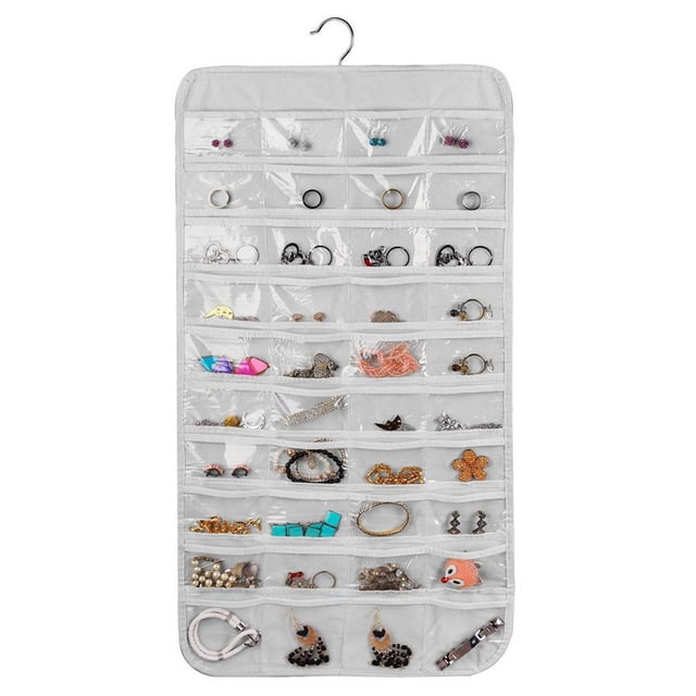 Hanging Jewelry Organizer With 80 Pockets Dual Sizes Non Woven Holder Accessory Display with Hanger Metal