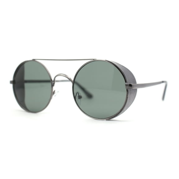 Round Circle Lens Side Windbreaker Retro Double Bridge Cafe Racer Sunglasses Gunmetal - Green