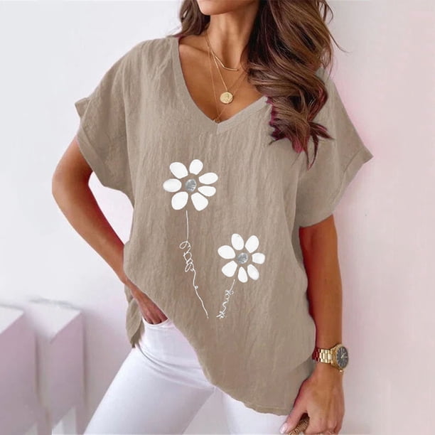 ICHUANYI Clearance Women V-neck Print T- Fashion Comfortable Female Blouses Tops(Khaki, XXL) ICHUANYI WER2023080800747