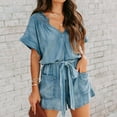 thumbnail image 2 of Womens Ruffle Denim Romper Summer Short Sleeve V Neck Belted Jean Overall Shorts Romper With Pockets, 2 of 6