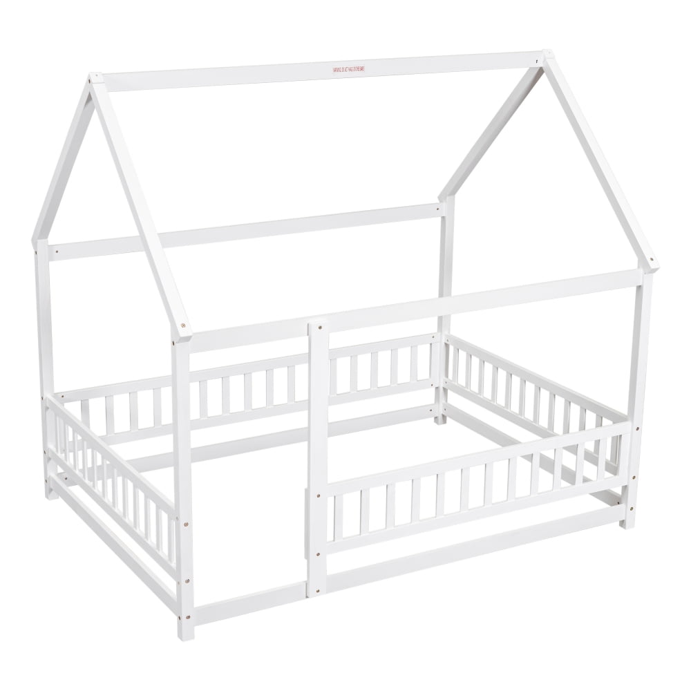 Full Size House Bed, Solid Wood Montessori Floor Bed, Kids Toddler Montessori Bed Frame with Roof Design and Full-Length Guardrail, Playhouse Floor Bed for Kids Girls Boys, White