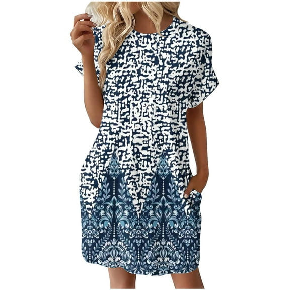 Nrmvnmi Summer Dresses for Women 2024 Casual T Shirt Dress Loose Roll Up Short Sleeve Round Neck Tunic Dress with Pocket for Women Navy SMothers Day Gifts