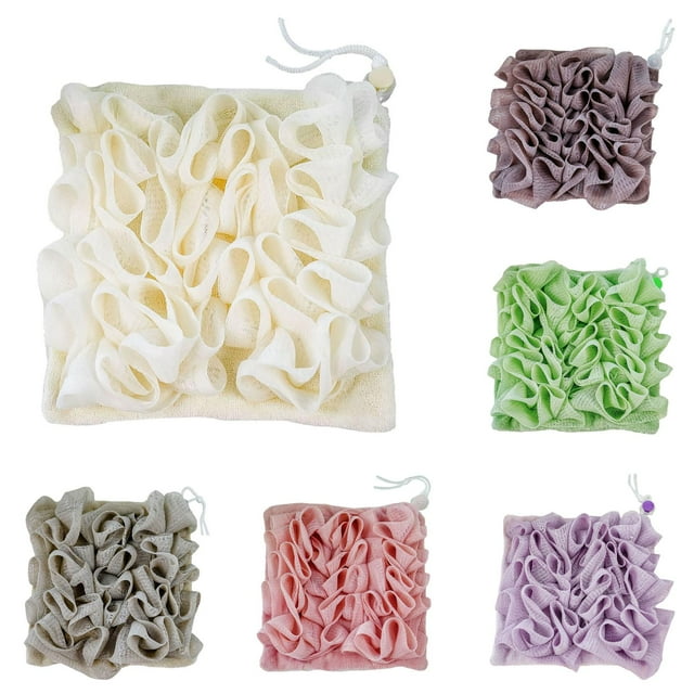 6PCS Loofah Washcloth Combo - 2-in-1 Exfoliating Shower Sponge with Drawstring Soap Holder - Soft Bath Puff Ball for Body Wash & Smooth Skin (Multicolor Set)