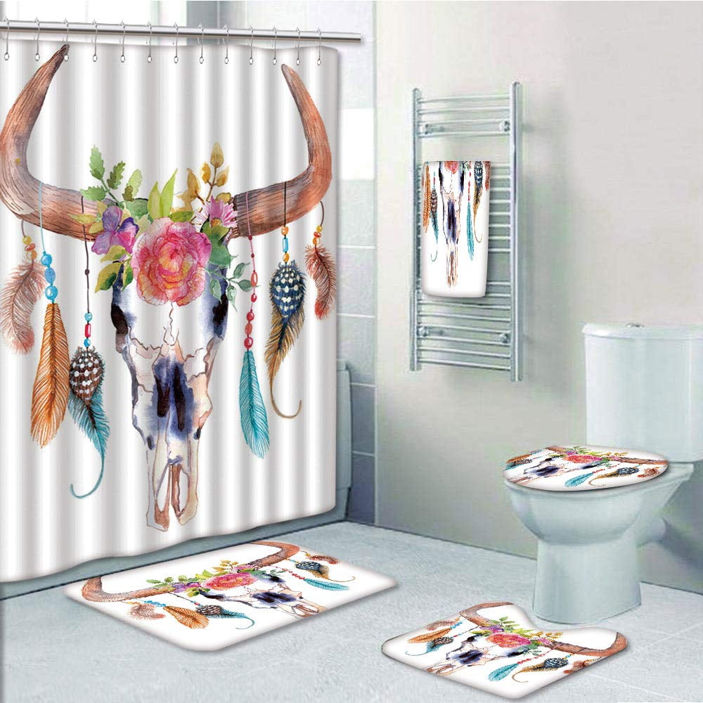 71"Bathroom mat Waterproof polyester Shower Curtain set watercolor buffalo skull 