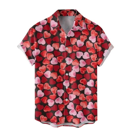 ZHOUCHANKIDS Mens Valentine s Day T-Shirt Men s Casual Short Sleeve Shirt for Spring Summer with Full Print and Lapel Design for Outdoor Beach Valentine s Day S L