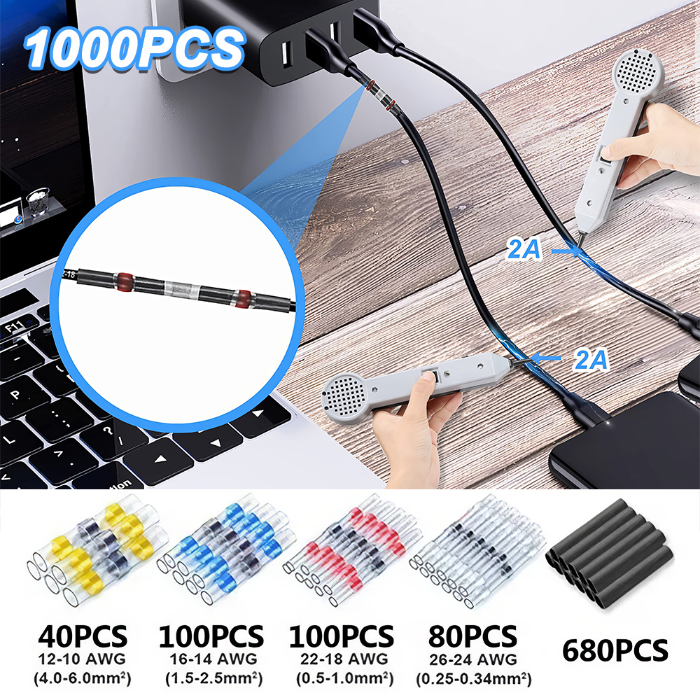 Heat Shrink Solder Seal Wire Connectors Kit 1000PCS, Waterproof Butt Connector Heat Shrink Electrical Terminals, Insulated Solderless Wiring Splice Connectors for Marine Automotive Boat Truck
