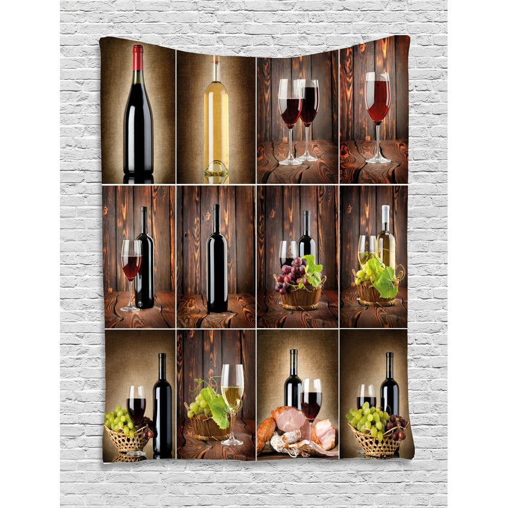 Wine Tapestry, Wine Themed Collage on Wooden Backdrop with Grapes and ...