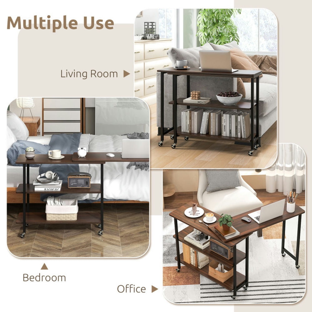 Demi Bonn 360° Rotating Computer Desk with 2-Tier Storage Shelves, Small Home Office Desk Study Writing Table, Walnut