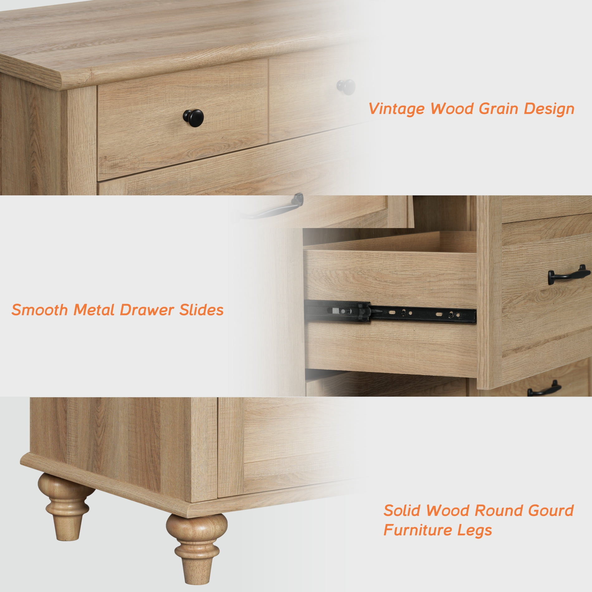 Farmhouse Oak 5-Drawer Dresser, Wooden Chest of Drawers for Bedroom & Living Room