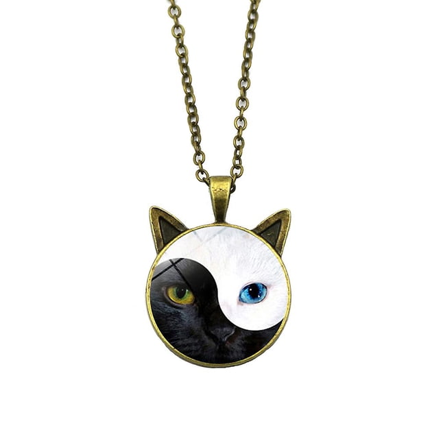 Collar con colgante de gato de cristal con diseño de Tai Chi Yin Yang para mujer