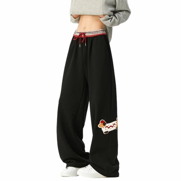 Womens Sweatpants Elastic Waist Side Pocket Solid Loose Sport Casual Wide Leg Sweatpants Women Black L