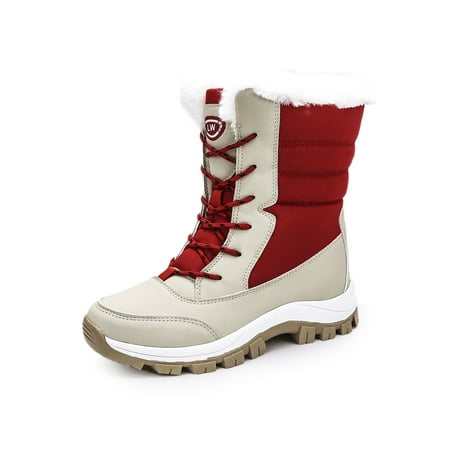 

Ferndule Womens Winter Boot Mid Calf Warm Bootie Plush Lined Snow Boots Slip Resistant Lace Up Hiking Booties Driving Outdoor Shoes Platform Non-slip Red 5.5