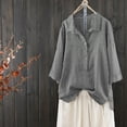 thumbnail image 3 of Camisa a rayas Honeeladyy de algodón y lino con botones de media manga para mujer, blusa informal estilo boyfriend clásica, tallas S-2XL. Liquidación: menos de 5 $., 3 of 6