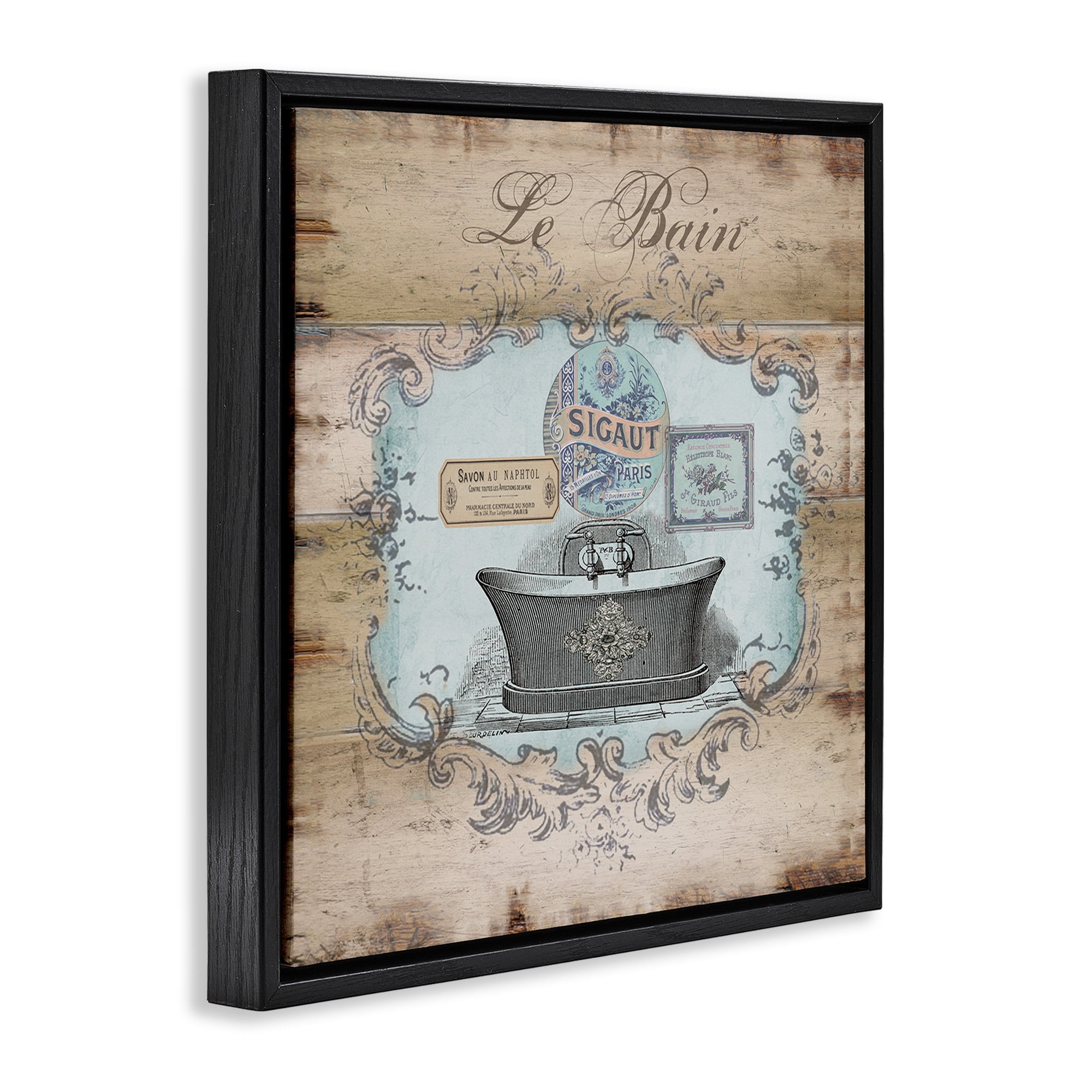 Stupell Industries Le Bain Vintage Style Bath Typography Painting Black Floater Framed Canvas Art Print Wall Art, 25 x 25