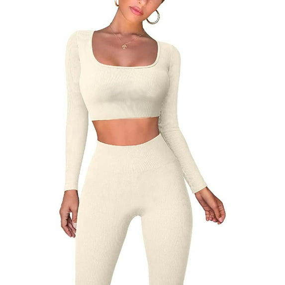 Gureui Clothes for Women Suit Long Sleeve Square Neck Crop Tops Wrapped Long Pants for Women