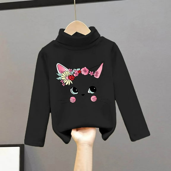 GBSYEWXS Girls Kids Sweater Casual Long Sleeve Turtleneck Cat Print Comfortable Pullover Sweater Black Size 4-5 Years
