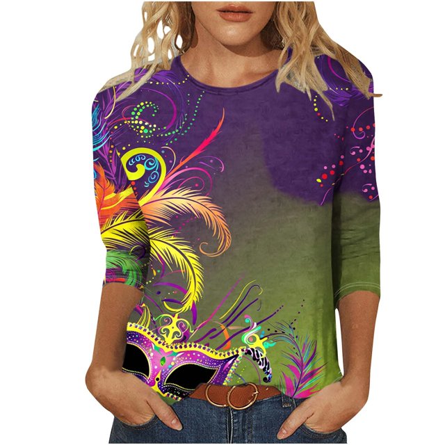 Penkiiy Blouse Carnaval Manches 3/4 Chemise de Printemps Tee Quotidien Imprimé Masque Blouse Mardi Gras Col Rond 2024 Tee Tunique Habillée L Multicolore