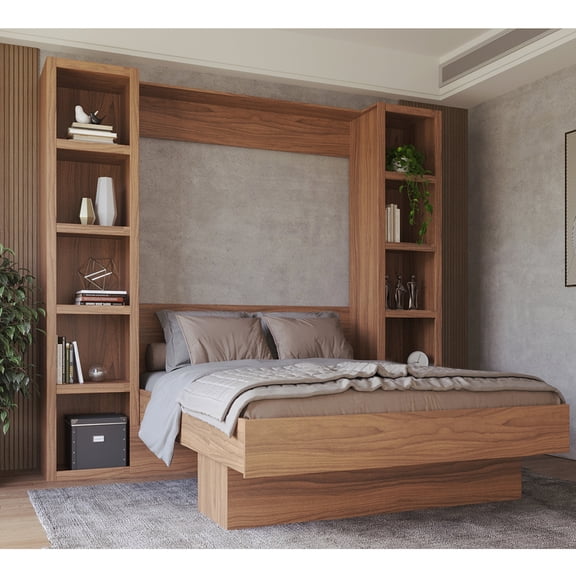 Easy-Lift Queen Murphy Wall Bed in Brown Wood Grain with Two Bookshelves