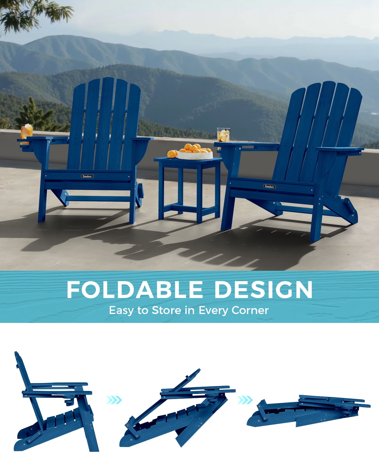 Folding Adirondack Chair set of 4, HDPE Patio Adirondack Chair with 2 Cup Holders, All-Weather Outdoor Chairs, Fire Pit Chairs for Patio, Garden, Poolside, Navy Blue