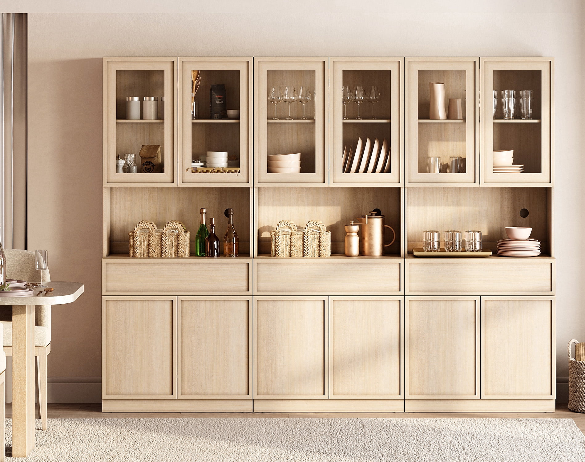 Modern Wood Sideboard Buffet with Glass Doors, Drawers & Adjustable Shelves, 72" Tall Glass Display Storage Cabinet,Beige