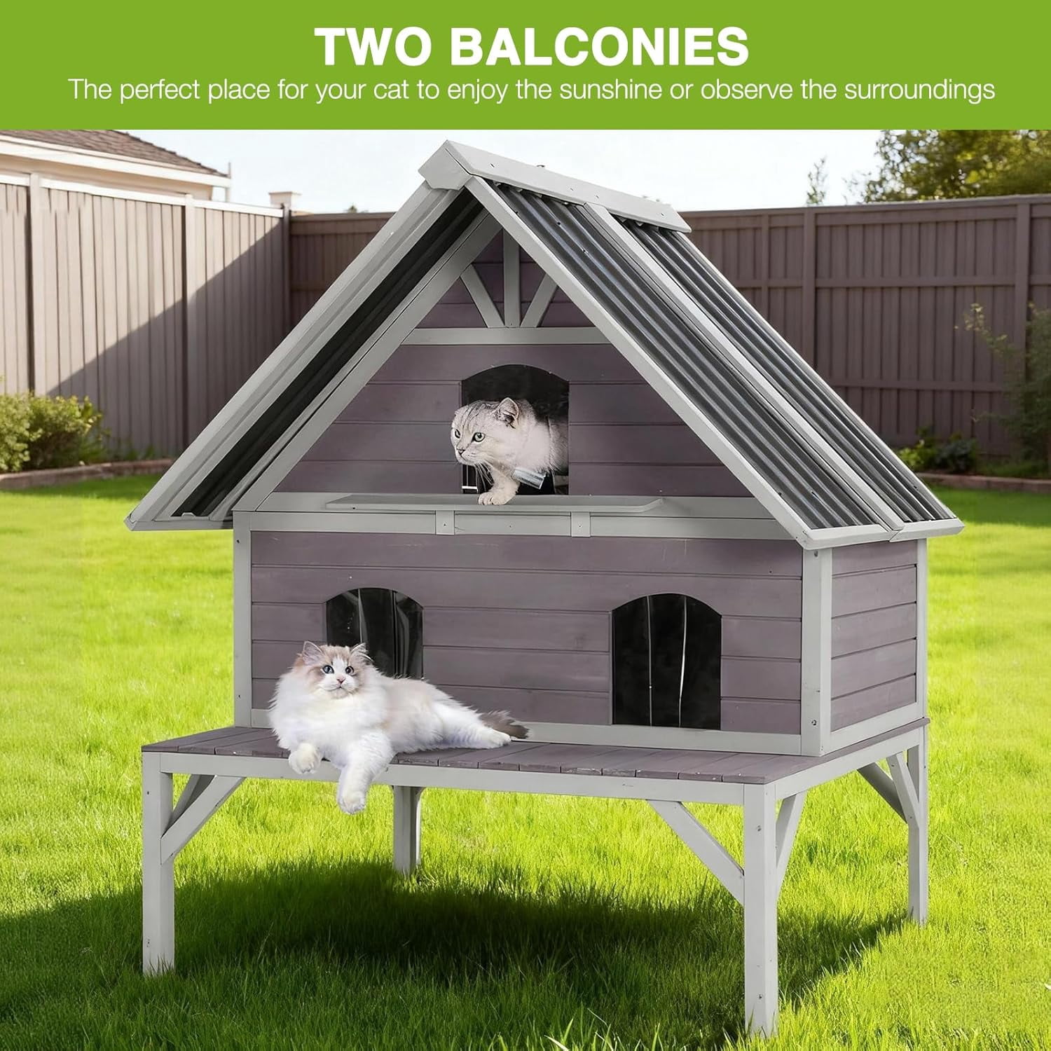 Aivituvin Outdoor Cat House Weatherproof Large Feral Cat Shelter with 2-Layer, Wooden Cat Condo with Balcony, Escape Doors and Openable Back Door for Multiple Cats Indoor