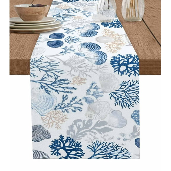 Coastal Blue Coral Table Runner Cotton Linen 72 Inch Holiday Dresser Scarves, Summer Watercolor Ocean Sea Shell Tablerunner for Kitchen Coffee Dining Bedroom Living Room Dinner Scarf Décor 13''x72''