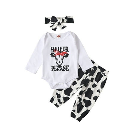 

Gureui Toddler Infant Baby Boys Girls Long Pants Outfits Long Sleeve Letter Printed Romper + Cow Skin Pattern Pants + Cute Headband 3Pcs Clothes Set