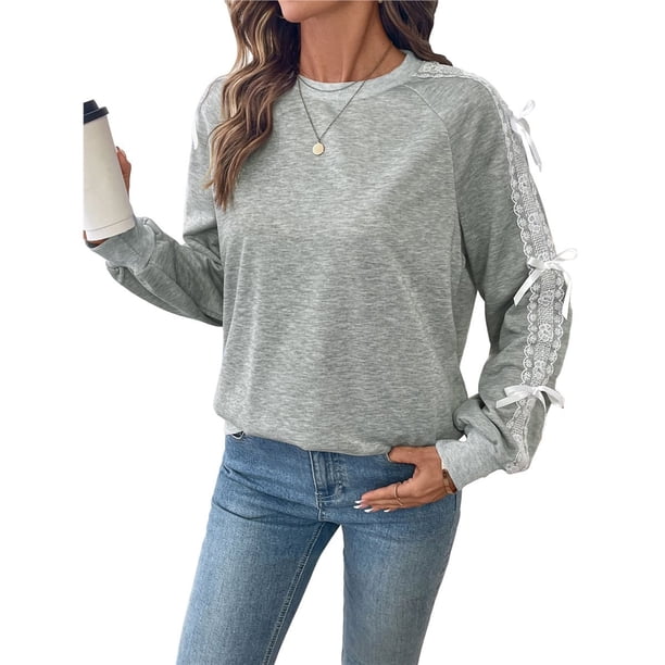 Sudadera Informal para Mujer, Cuello en V, Encaje, Farol, Larga, Holgada, para Otoño Gris L