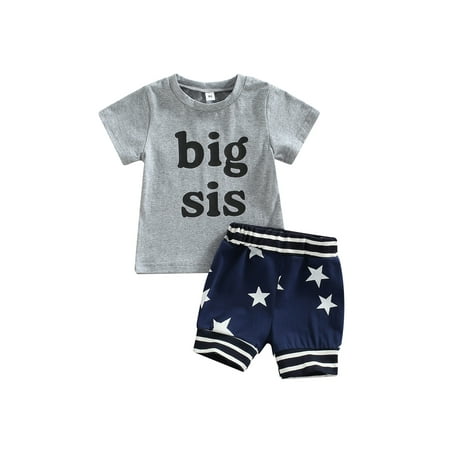 

Frobukio Sister Brother Matching Clothes Sets Kids Boys Girls Suit Short Sleeve Round Neck Tops + Shorts Outfits Grey Sis 2-3 Years