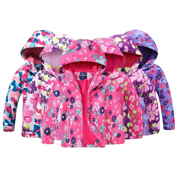 KYAIGUO Kids Girls Print Zip Windbreaker Jacket Toddler Hooded Trench Lightweight Coats Casual Floral Raincoat Outerwear for 3-12 Years Old