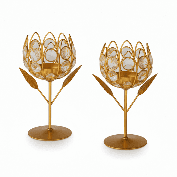 Indian store01 5-inch Gold Crystal Tealight Candle Holders, Set of 2