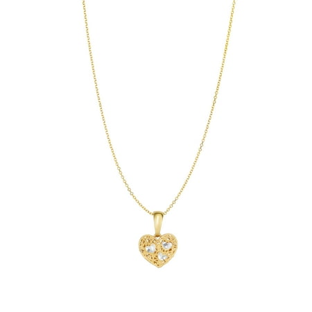 14K Yellow Gold 11mm Textured+Pave Diamond Cut Reversible Heart Pendant on 14K Yellow Gold 0.8mm Diamond Cut Cablw with Lobster Clasp